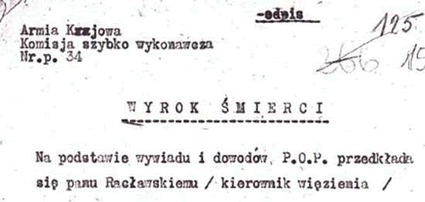 Decission about death sentence against Raclawski