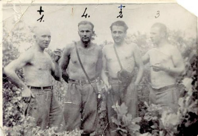 Photo above: The third one from left is Józef Franczak “Lalek”. The picture was presumably taken in 1948. From the left are: Walenty Waskowicz, nom de guerre “Strzala” - the patrol commander of Capt. Broński’s “Uskok” forces, who died fighting the communist terror apparatus in 1949. The second man is Stanisław Kuchewicz, nom de guerre “Wiktor” - soldier in Polish National Armed Forces (abbr. NSZ -Narodowe Siły Zbrojne) under the command of Major Pazderski, nom de guerre “Szary”, after NKVD attacks he fought in forces commanded by Sergeant Walewski, nom de guerre “Zemsta” and Stefan Brzuszek, nom de guerre “Boruta”. Beginning in 1947 Kuchewicz “Wiktor” was the patrol commander in Capt. Broński’s unit; shot by officer of the Communist People’s Militia (abbr. MO), he died in 1953. The third is Józef Franczak “Lalek”. The fourth man is Julian Kowalczyk, nom de guerre “Cichy”; he died in 1951 in combat with Polish Communist secret police, the UB.