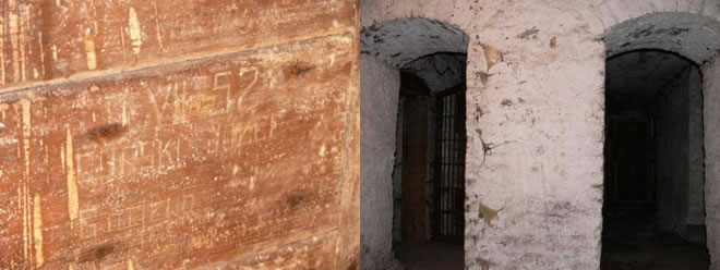 Present view of the cells of the secret police dungeons at the PUBP Grajewo. See inscriptions scratched by the prisoners on the doors to their cells.